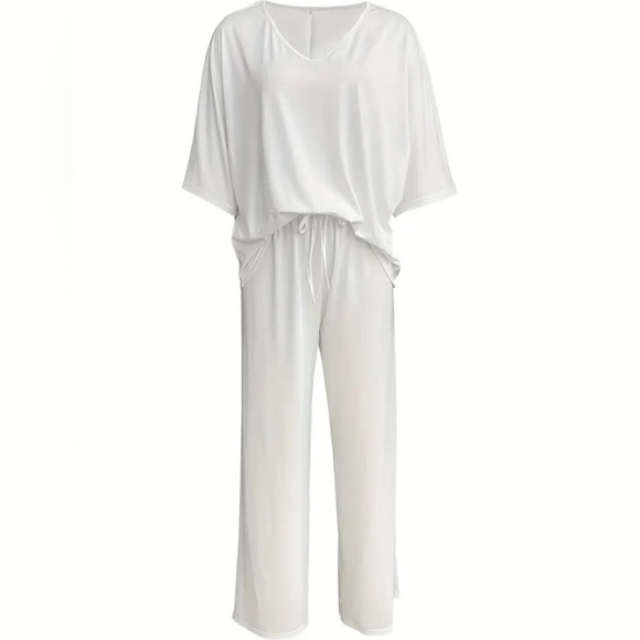 Casual Solid Color Pants Set, Half Sleeve V Neck Top & Wide Leg Pants Outfit - Picture 12 of 12